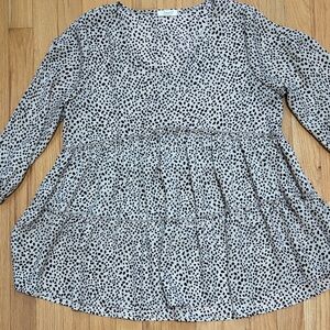 Long Sleeve Tiered Peplum Top inTan with Black Spot Print, 100% polyester